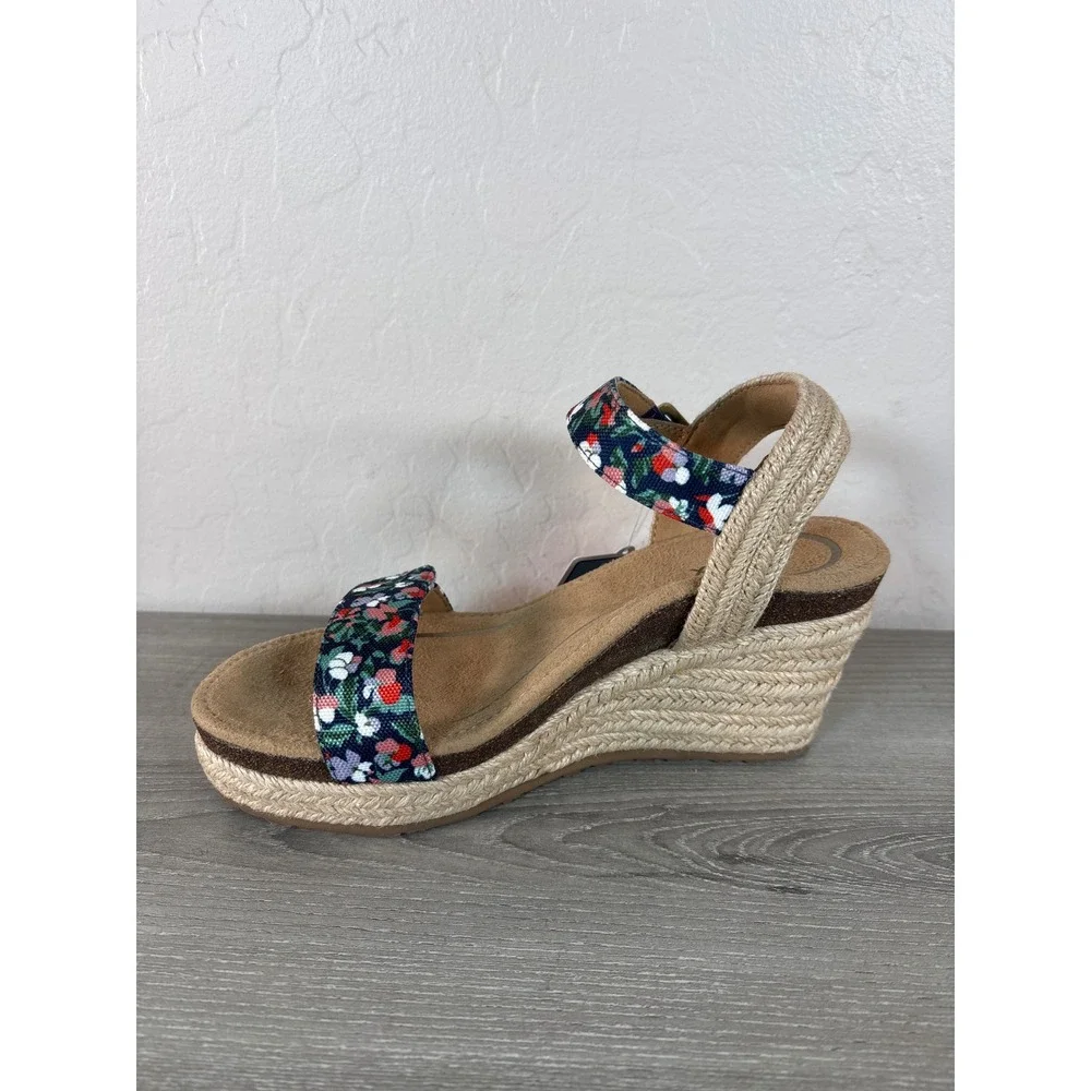 Aetrex Sydney Floral Espadrille Wedge Sandals Navy Blue‎ Orthotic Size 6-6.5 NEW